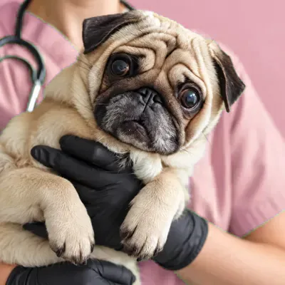 Cão pug no colo de uma veterinária